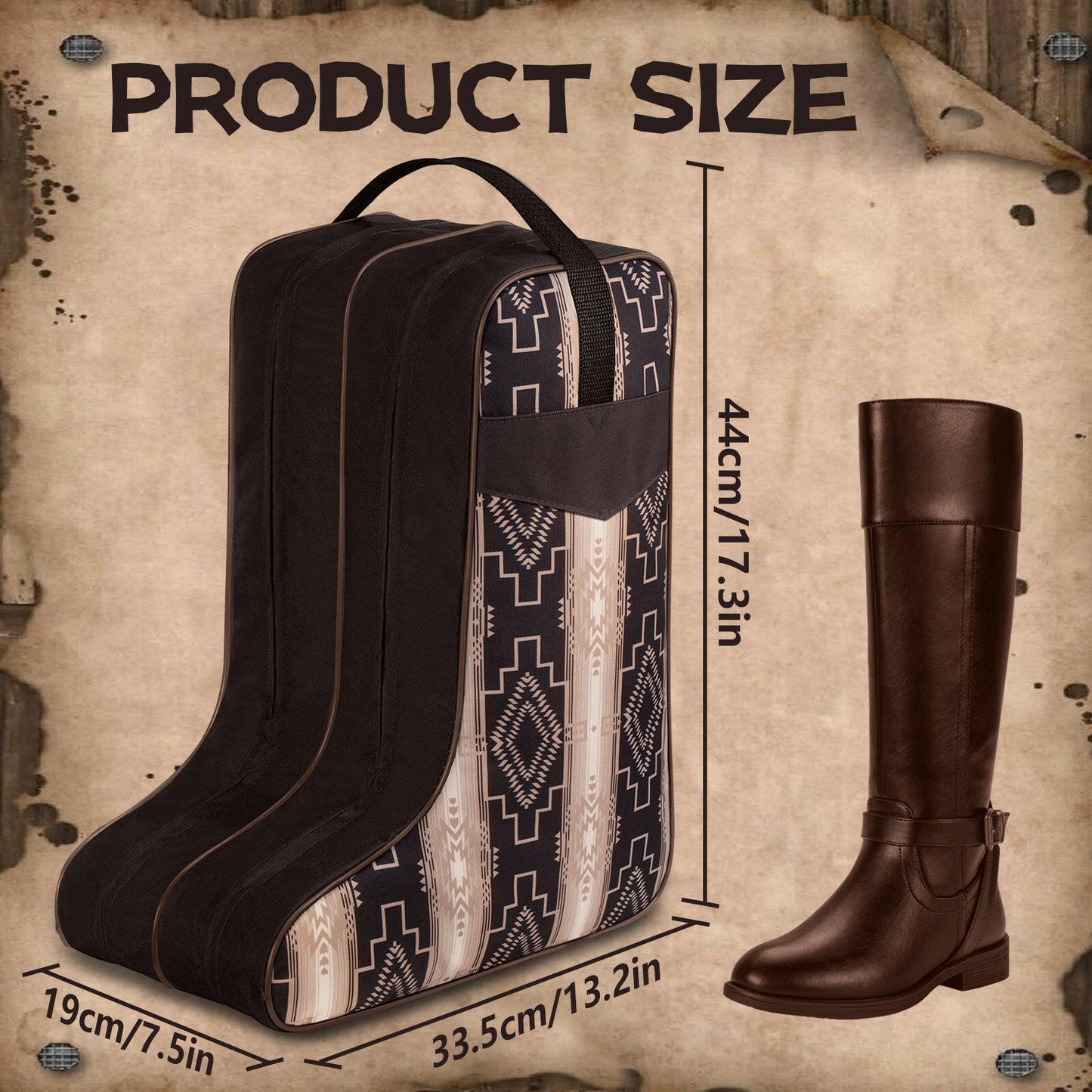 Boot Bag for Cowboy Boots–Western Aztec Pattern Travel Boot Carrier with Handle –Waterproof & Dustproof Shoe Storage Bag for Men & Women–Fits Most Sizes.