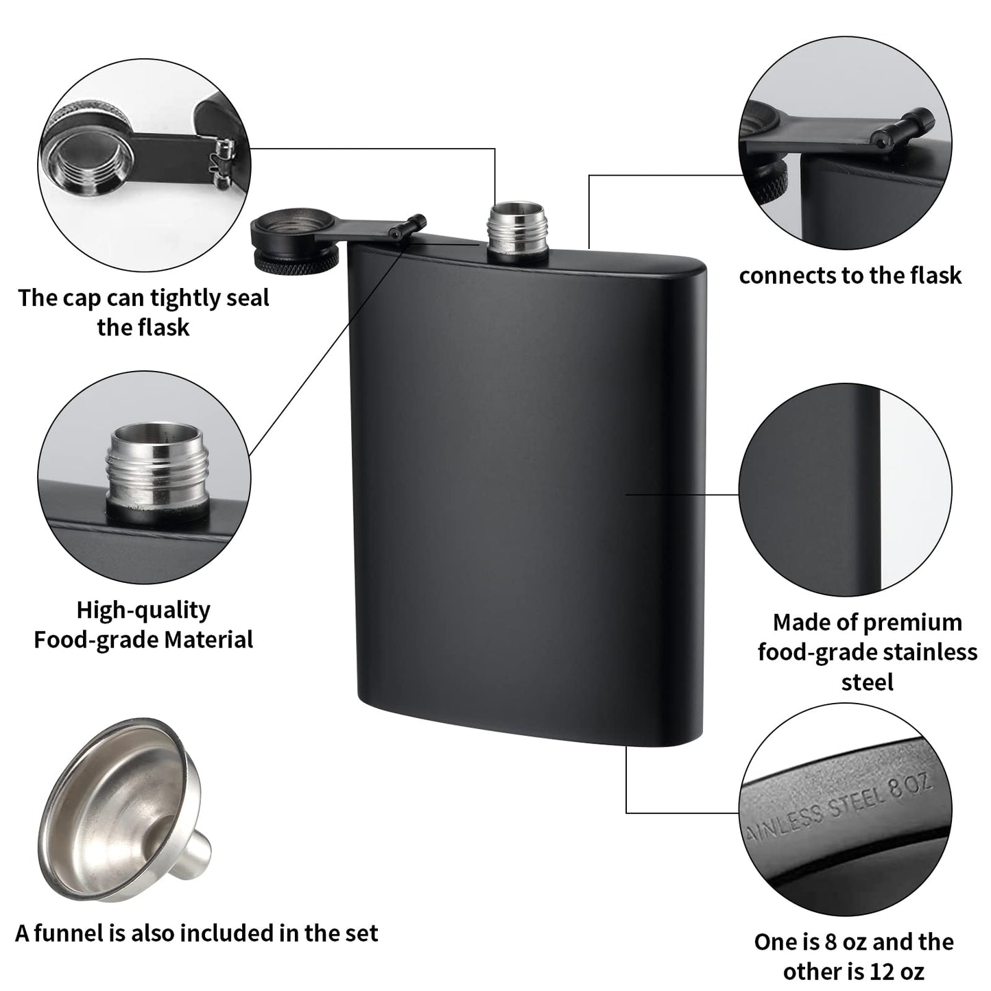 2 Pack Hip Flasks for Liquor, 8 Oz & 12 Oz