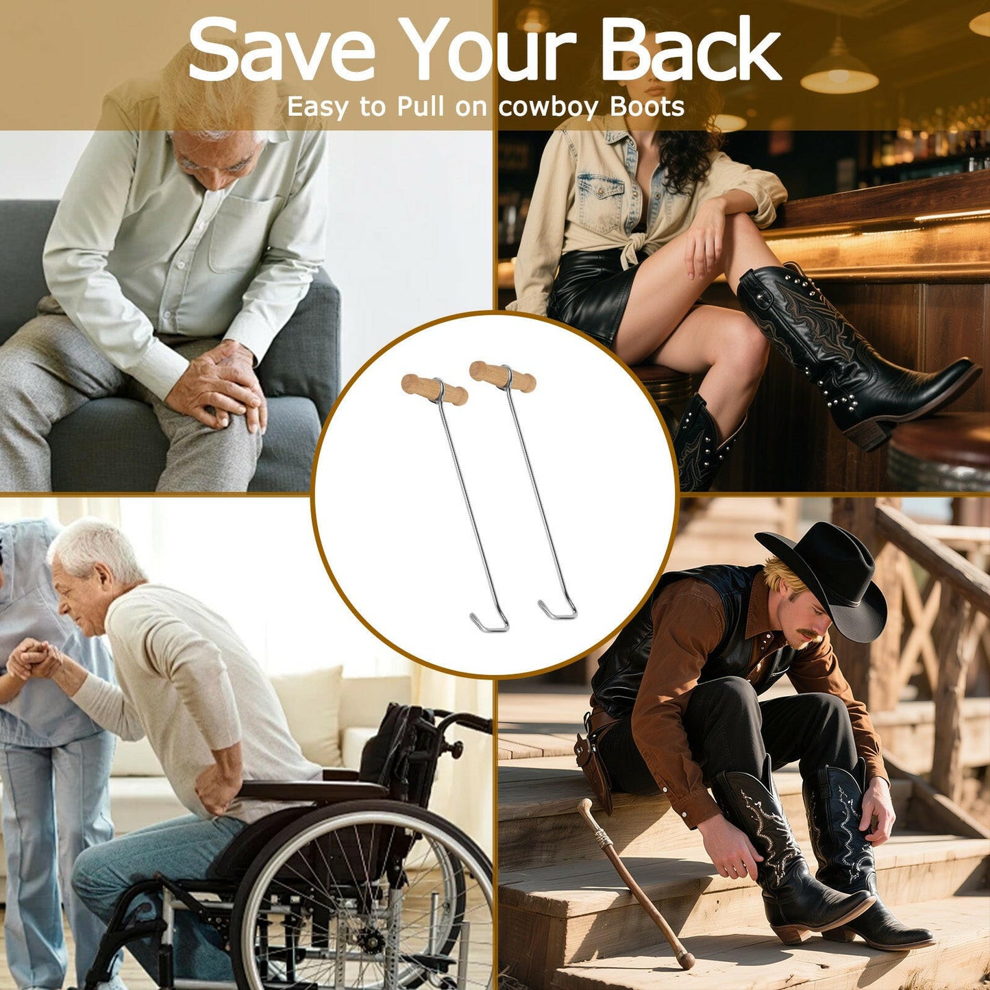 Cowboy Boot Hooks for Men and Women - Boot Puller for Cowboy Boots with Long Handles.