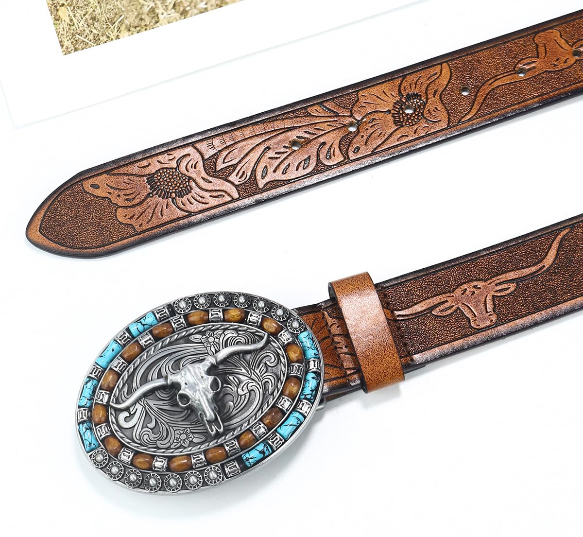 Western Cowboy Leather Belt Brown
