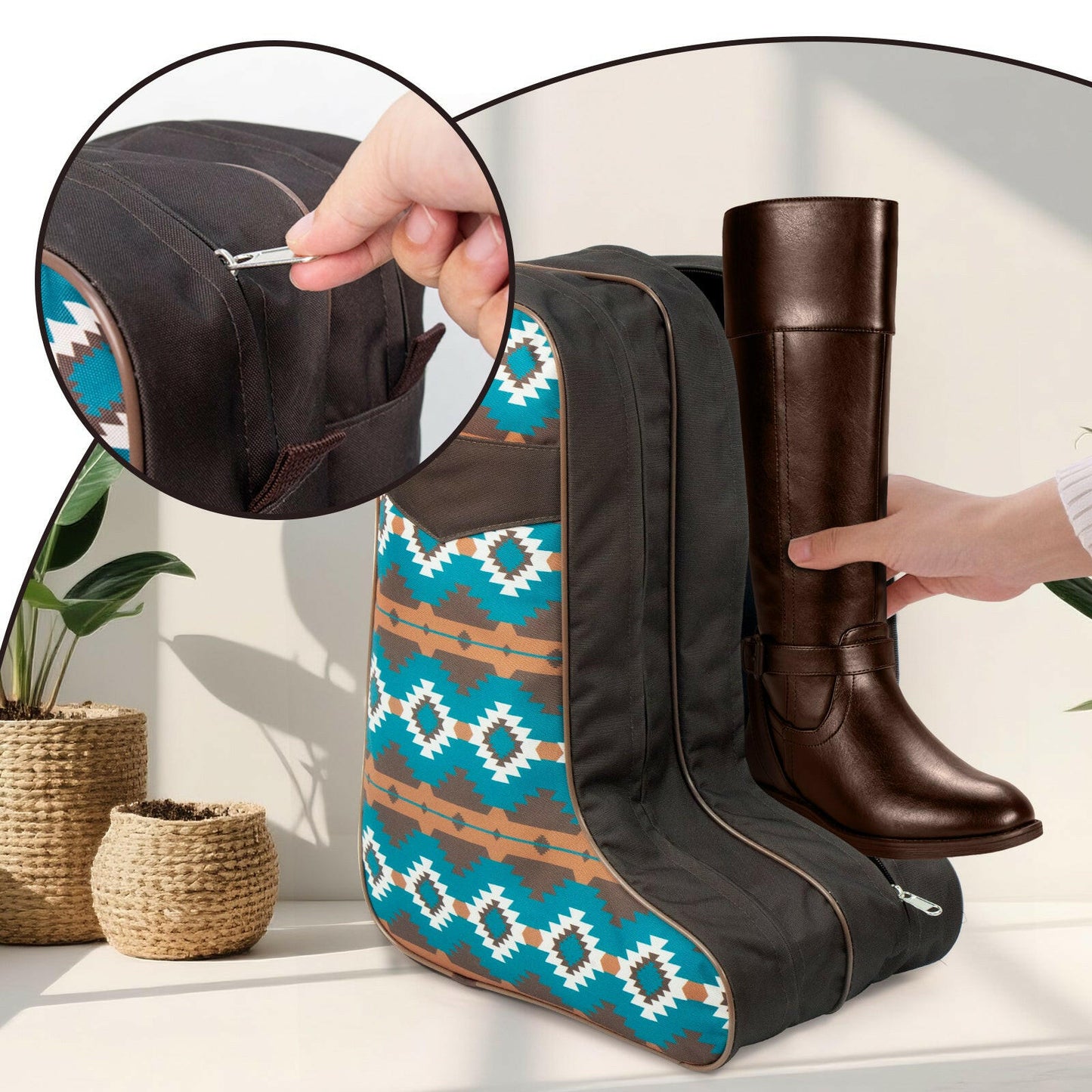 Boot Bag for Cowboy Boots–Western Aztec Pattern Travel Boot Carrier with Handle –Waterproof & Dustproof Shoe Storage Bag for Men & Women–Fits Most Sizes.
