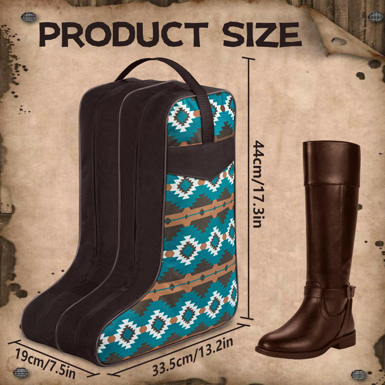 Boot Bag for Cowboy Boots–Western Aztec Pattern Travel Boot Carrier with Handle –Waterproof & Dustproof Shoe Storage Bag for Men & Women–Fits Most Sizes.