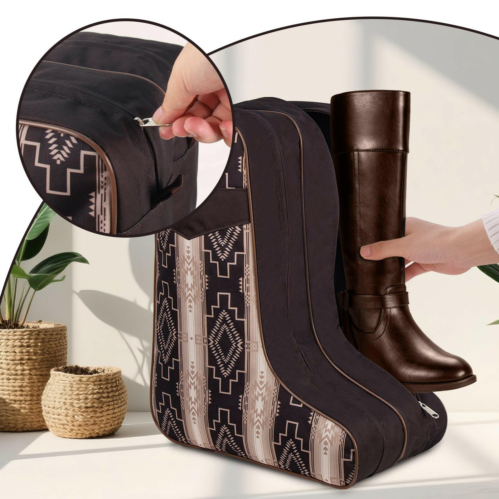 Boot Bag for Cowboy Boots–Western Aztec Pattern Travel Boot Carrier with Handle –Waterproof & Dustproof Shoe Storage Bag for Men & Women–Fits Most Sizes.