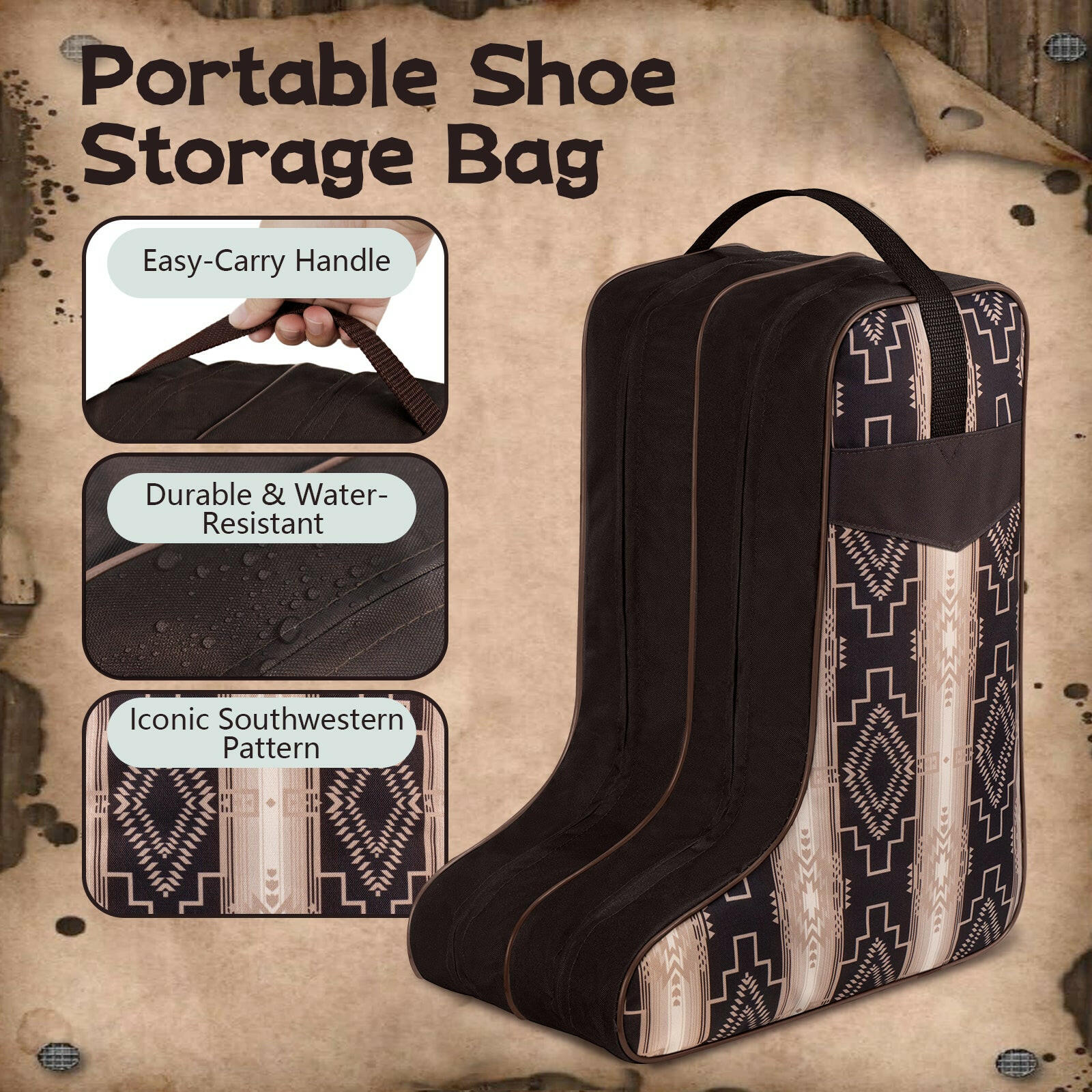 Boot Bag for Cowboy Boots–Western Aztec Pattern Travel Boot Carrier with Handle –Waterproof & Dustproof Shoe Storage Bag for Men & Women–Fits Most Sizes.
