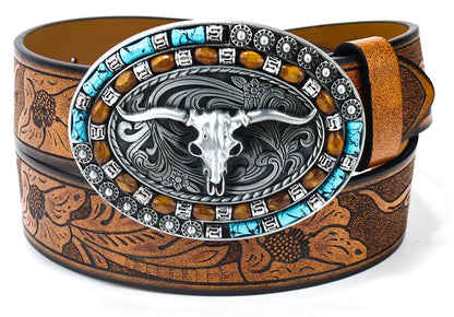Western Cowboy Leather Belt Brown