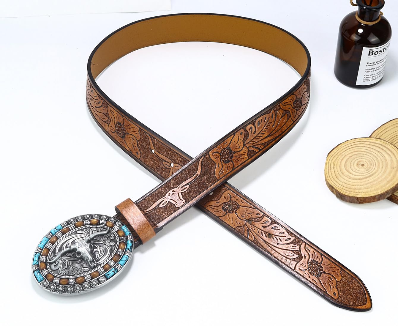 Western Cowboy Leather Belt Brown